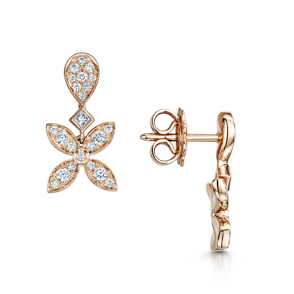 Berry's 18ct Rose Gold Flower Drop And A Hoop Earring With Diamond Pave set Petals - Berry's Jewellers