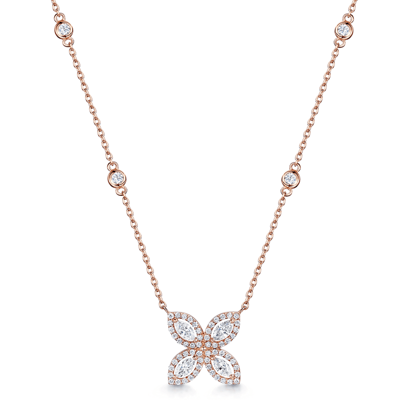 Berry's 18ct Rose Gold Four Petal Marquise And Round Brilliant Cut Diamond Pendant - Berry's Jewellers