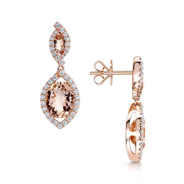 Berry's 18ct Rose Gold Morganite And Diamond Halo Set Fancy Drop Earrings - Berry's Jewellers