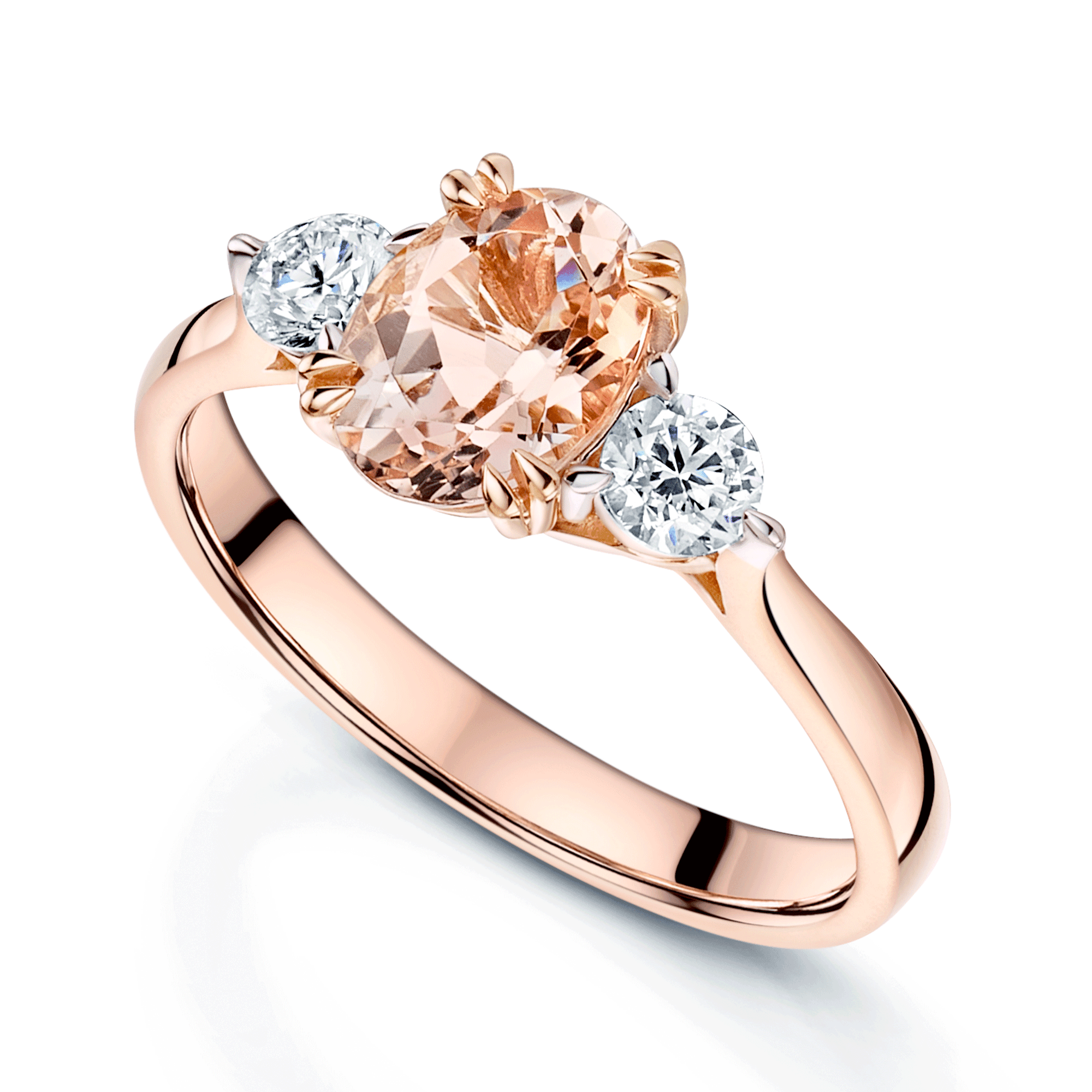 18ct Rose Gold Oval Morganite And Diamond Three Stone Ring