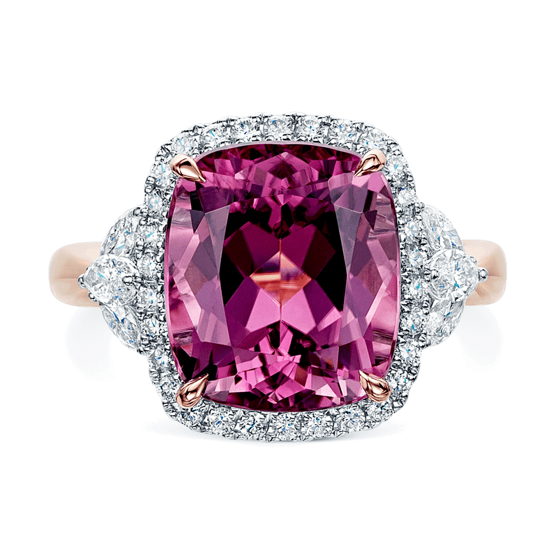 Berry's 18ct Rose & White Gold Cushion Cut Pink Tourmaline Diamond Halo Ring With Marquise Cut Diamond Shoulders - Berry's Jewellers