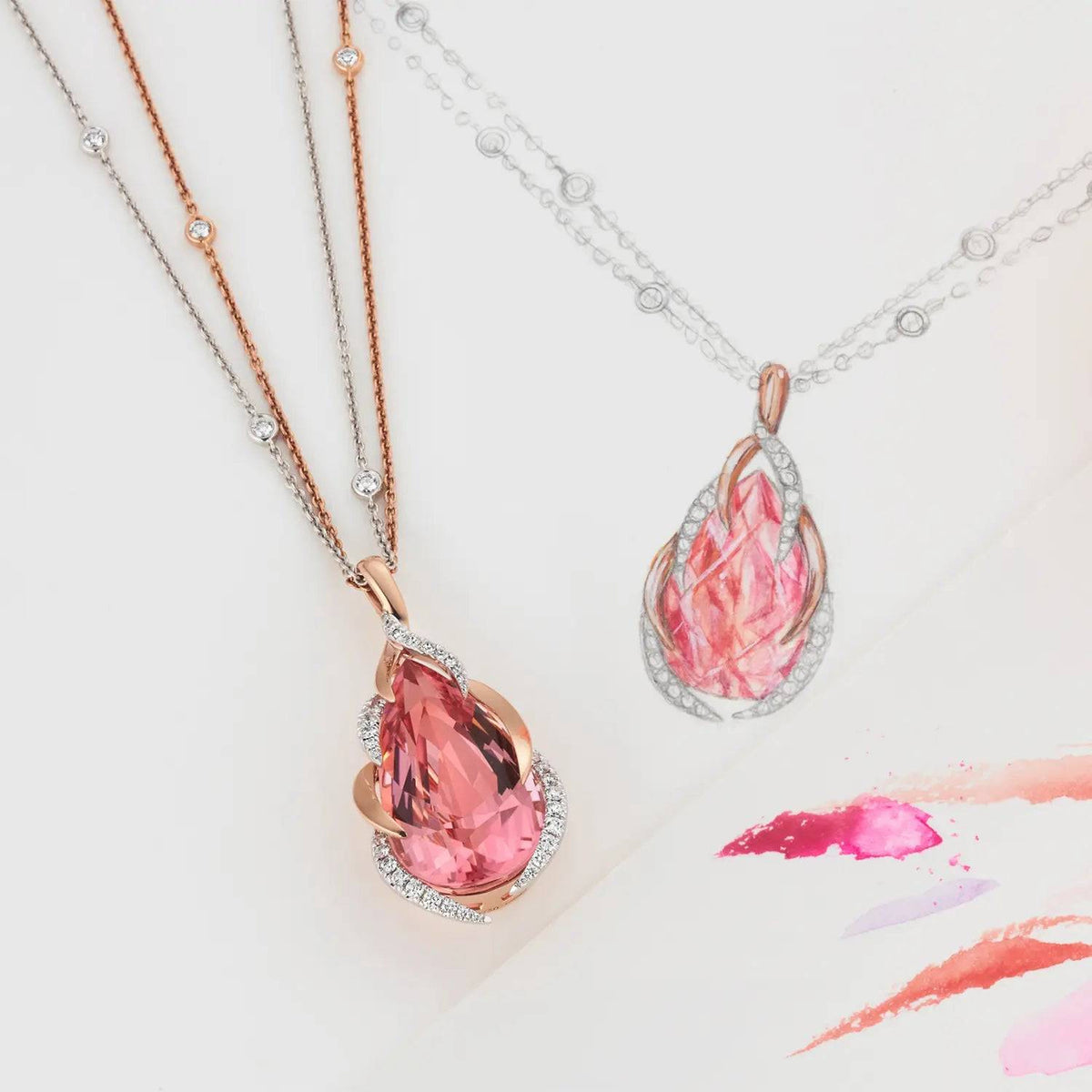Berry's 18ct Rose & White Gold Fancy Diamond Set Pink Pear Cut Tourmaline Pendant - Berry's Jewellers