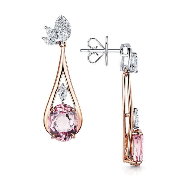 Berry's 18ct Rose & White Gold Oval Cut Pink Tourmaline & Marquise Cut Diamond Drop Earrings - Berry's Jewellers