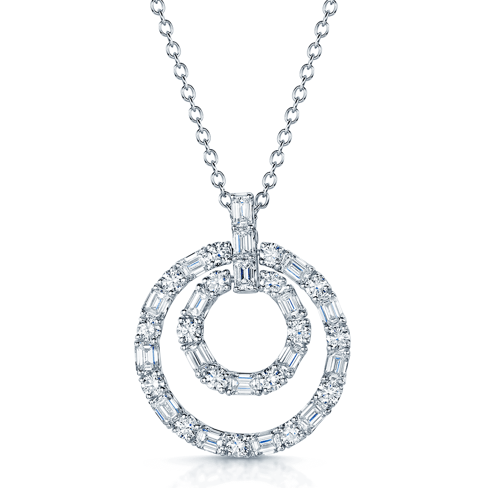 Berry's 18ct White Gold Baguette and Round Brilliant Cut Diamond Double Circle Pendant - Berry's Jewellers