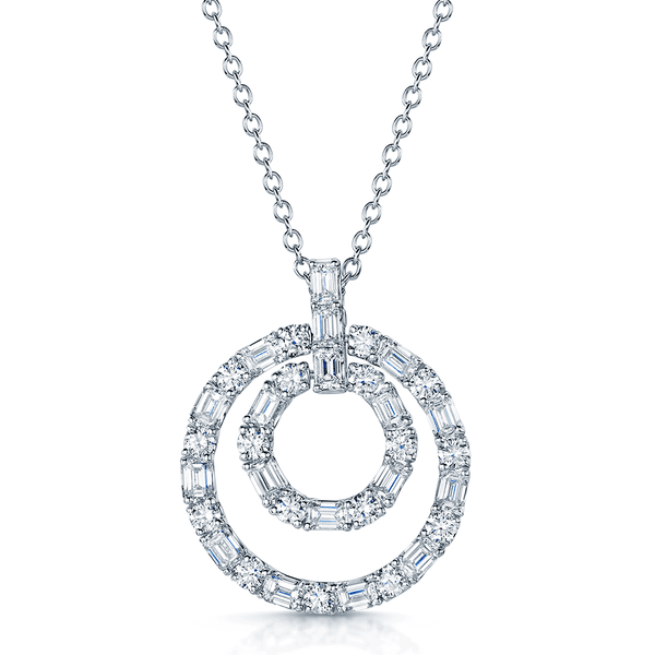 Berry's 18ct White Gold Baguette and Round Brilliant Cut Diamond Double Circle Pendant - Berry's Jewellers