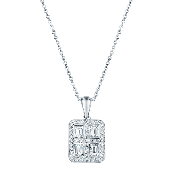 Berry's 18ct White Gold Baguette And Round Brilliant Cut Diamond Square Halo Pendant - Berry's Jewellers