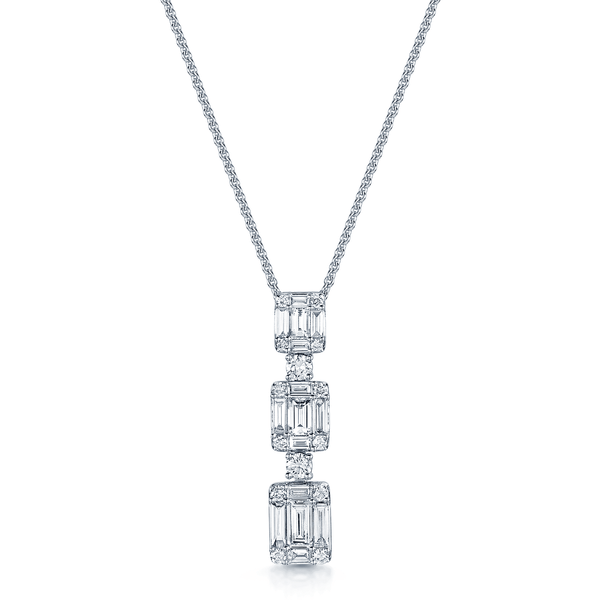 Berry's 18ct White Gold Baguette and Round Brilliant Cut Diamond Three Tier Drop Pendant - Berry's Jewellers