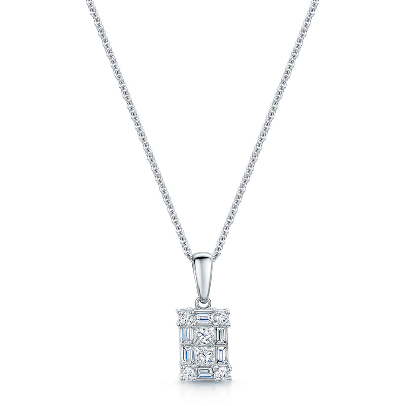 Berry's 18ct White Gold Baguette, Princess & Round Brilliant Diamond Set Rectangular Pendant - Berry's Jewellers