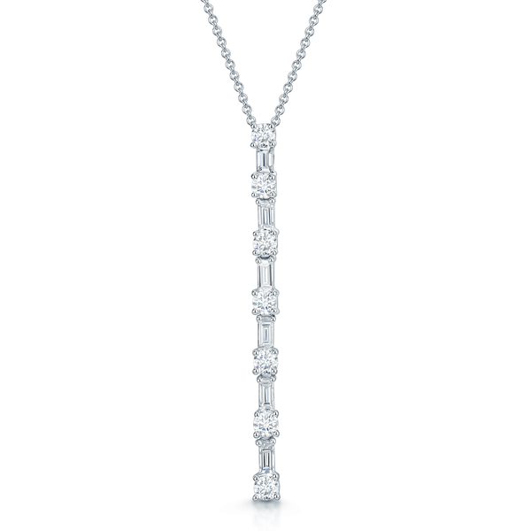 Berry's 18ct White Gold Baguette & Round Brilliant Cut Diamond Long Bar Design Drop Pendant - Berry's Jewellers