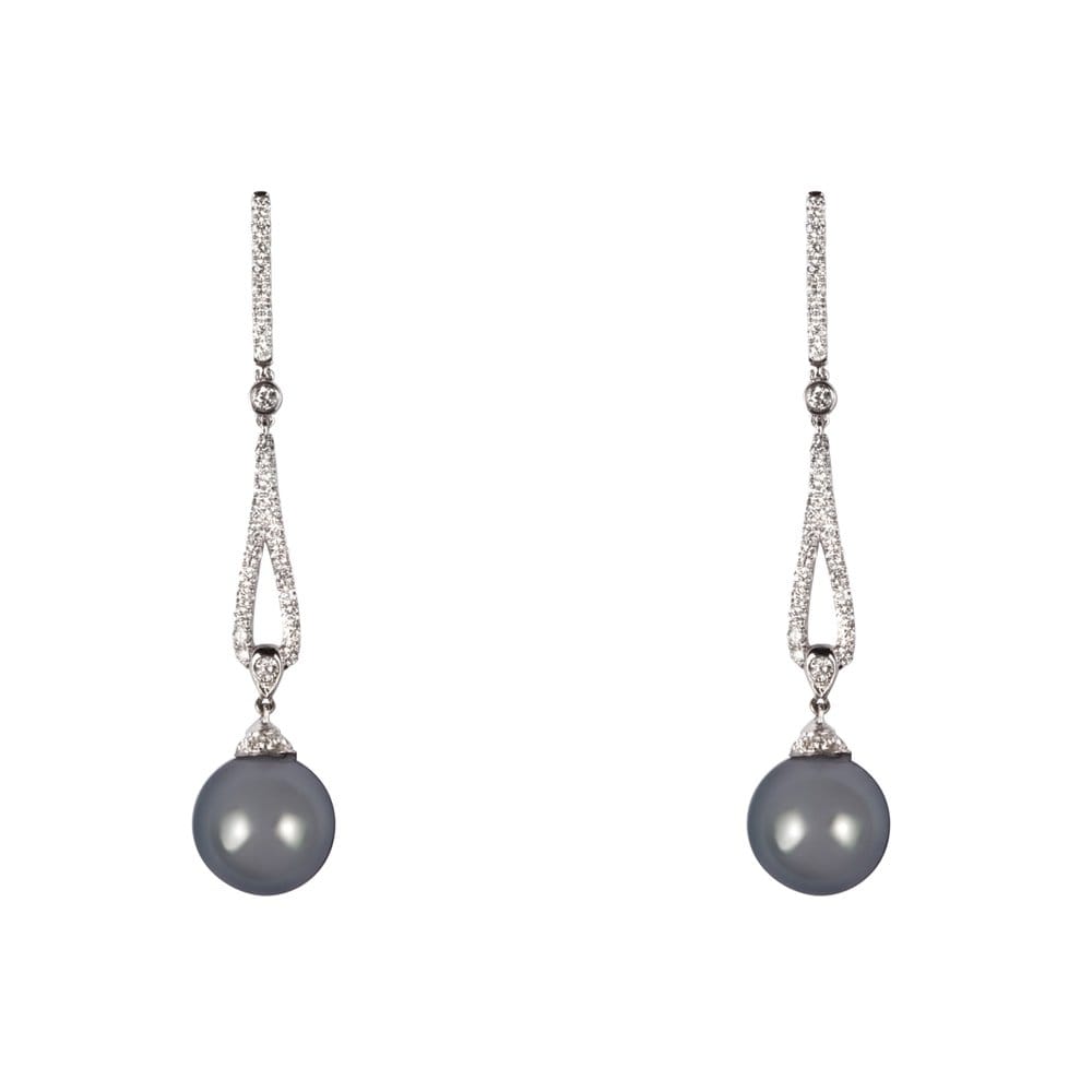 18ct White Gold Black Pearl Diamonds Drop Earrings
