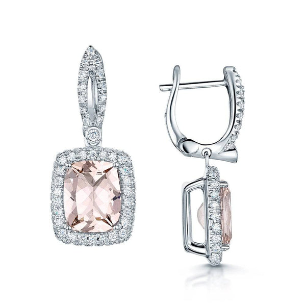 Berry's 18ct White Gold Cushion Cut Morganite And Diamond Pave Set Drop Earrings - Berry's Jewellers