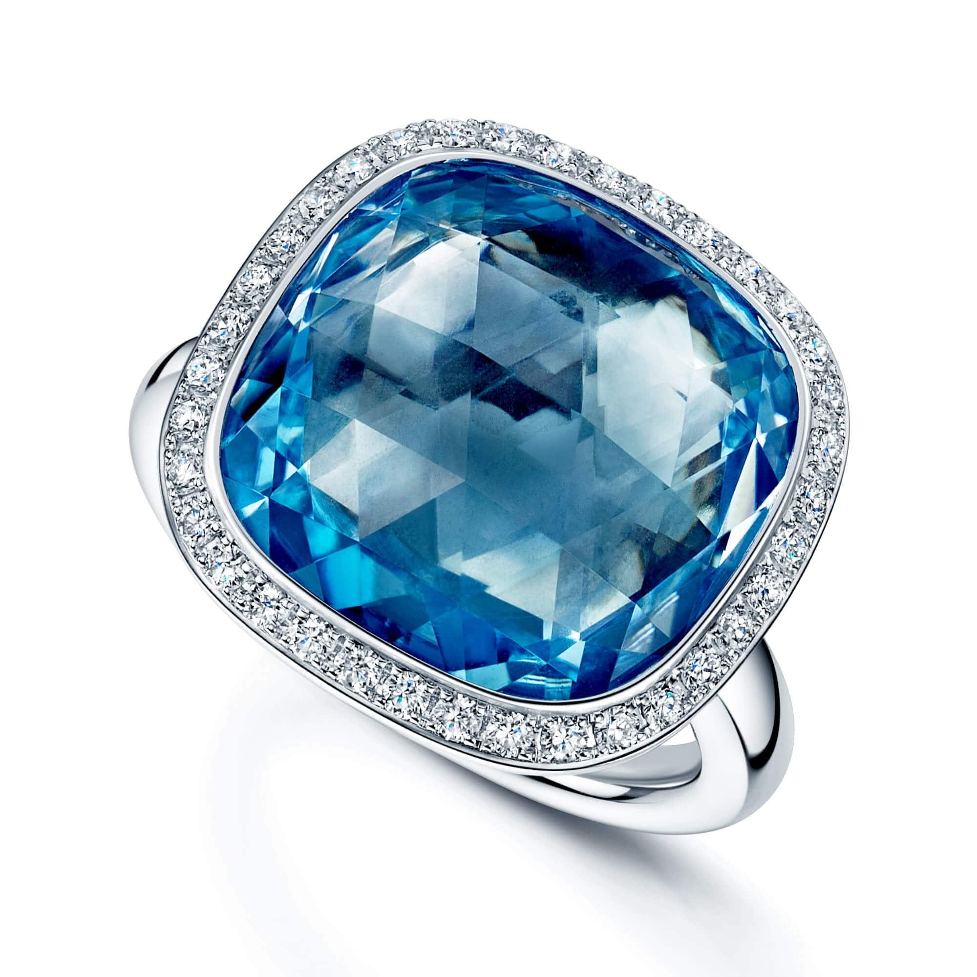 18ct White Gold Cushion Cut Sky Blue Topaz And Round Brilliant Cut