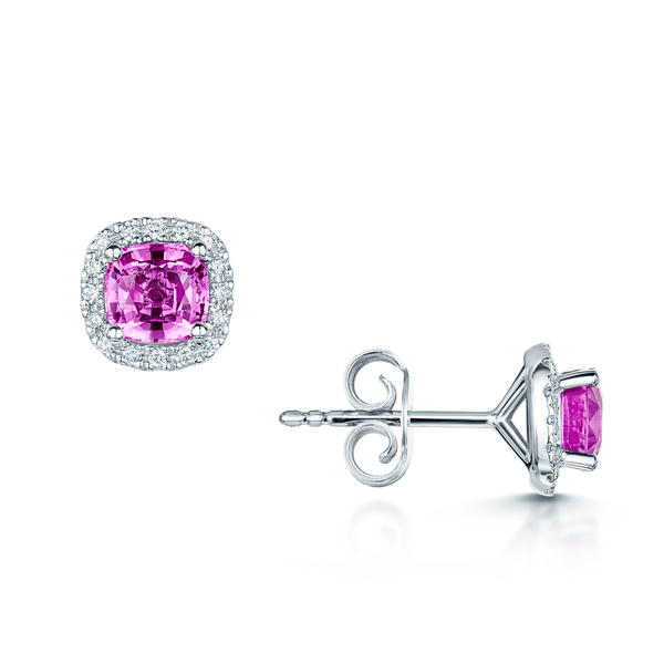 Berry's 18ct White Gold Cushion Pink Sapphire And Diamond Halo Cluster Stud Earrings - Berry's Jewellers