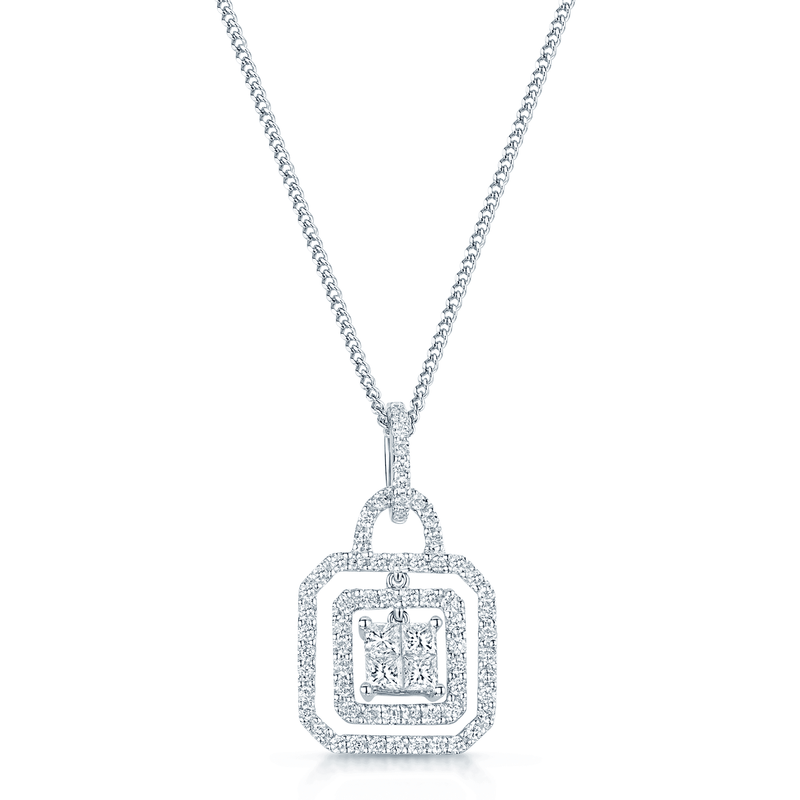 Berry's 18ct White Gold Diamond Double Halo with Princess Cut Diamond Centre Pendant - Berry's Jewellers