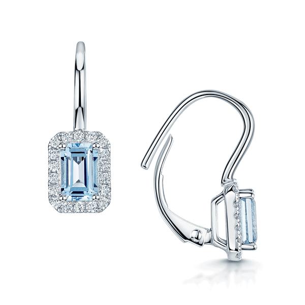 Berry's 18ct White Gold Emerald Cut Aquamarine & Round Brilliant Cut Diamond Halo Earrings - Berry's Jewellers