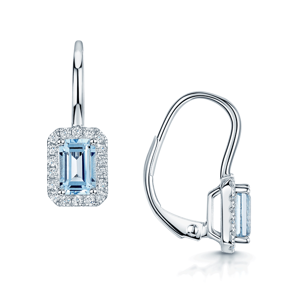 Berry's 18ct White Gold Emerald Cut Aquamarine & Round Brilliant Cut Diamond Halo Earrings - Berry's Jewellers