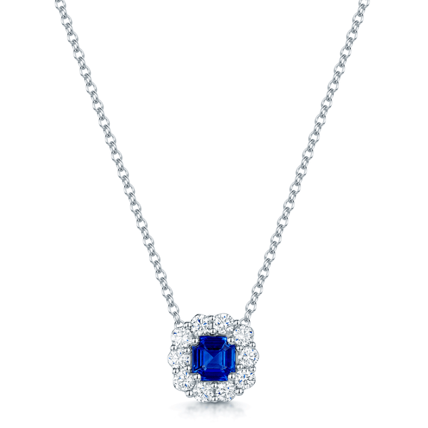 Berry's 18ct White Gold Emerald Cut Sapphire And Diamond Cluster Pendant - Berry's Jewellers