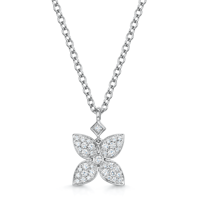 Berry's 18ct White Gold Flower Pendant With Diamond Pave Set Petals - Berry's Jewellers