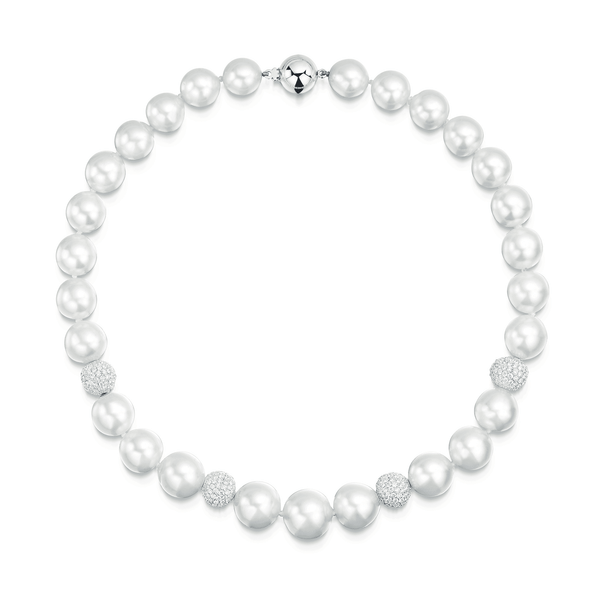 Berry's 18ct White Gold Graduated South Sea Pearl Necklet With Set Pave Set Diamond Spheres - Berry's Jewellers