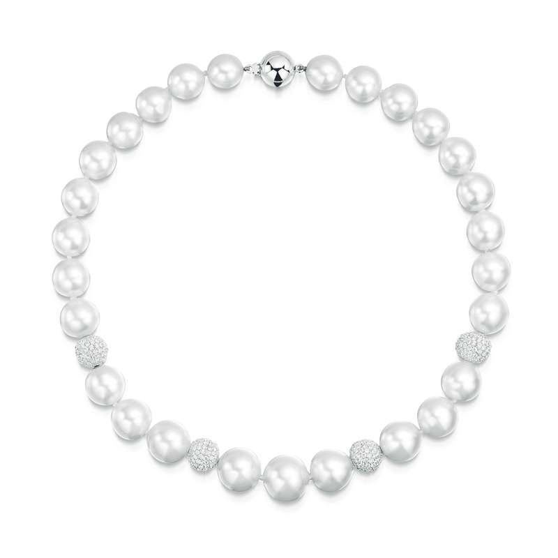 Berry's 18ct White Gold Graduated South Sea Pearl Necklet With Set Pave Set Diamond Spheres - Berry's Jewellers