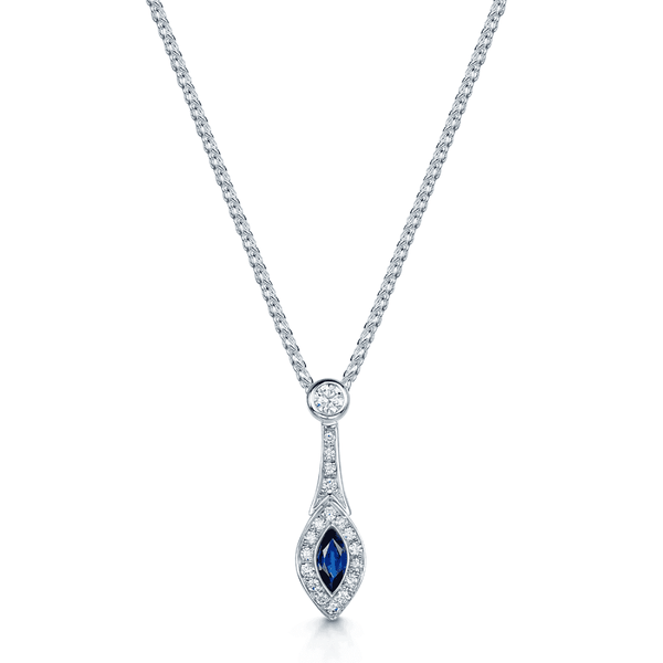 Berry's 18ct White Gold Marquise Cut Sapphire & Round Brilliant Cut Diamond Cluster Pendant - Berry's Jewellers