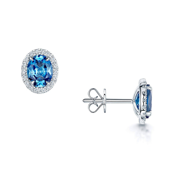 Berry's 18ct White Gold Oval Aquamarine & Diamond Cluster Stud Earrings - Berry's Jewellers
