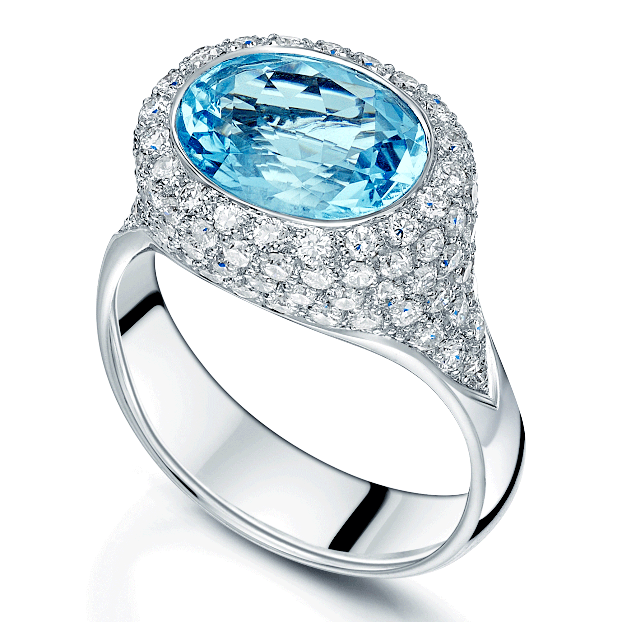 18ct White Gold Oval Blue Topaz Ring With Diamond Pave Set Halo Side