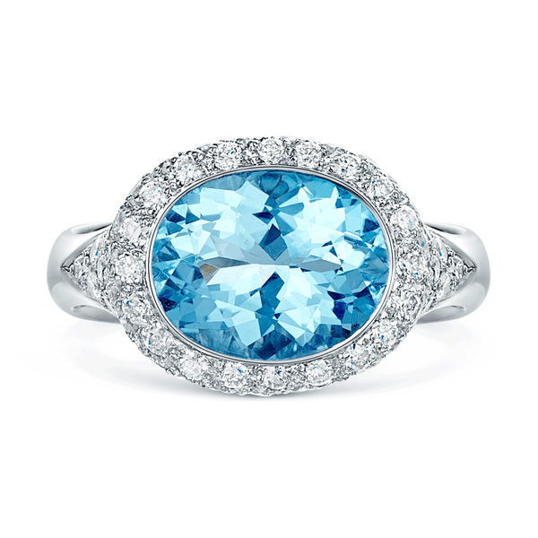 Berry's 18ct White Gold Oval Blue Topaz Ring With Diamond Pave Set Halo & Sides - Berry's Jewellers