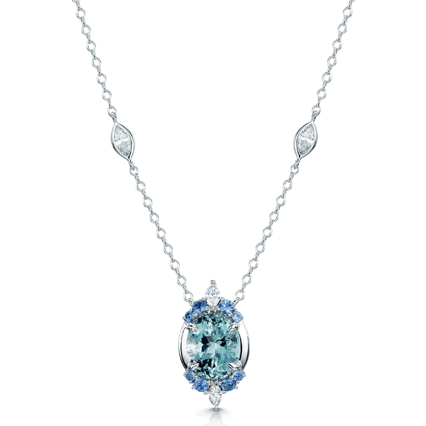 Berry's 18ct White Gold Oval Cut Aquamarine, Marquise Cut Diamond & Round Cut Sapphire Pendant - Berry's Jewellers