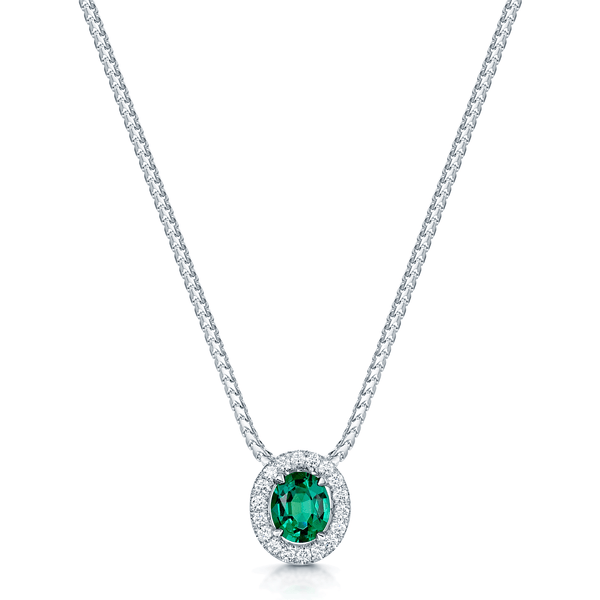 Berry's 18ct White Gold Oval Cut Emerald And Diamond Halo Pendant - Berry's Jewellers