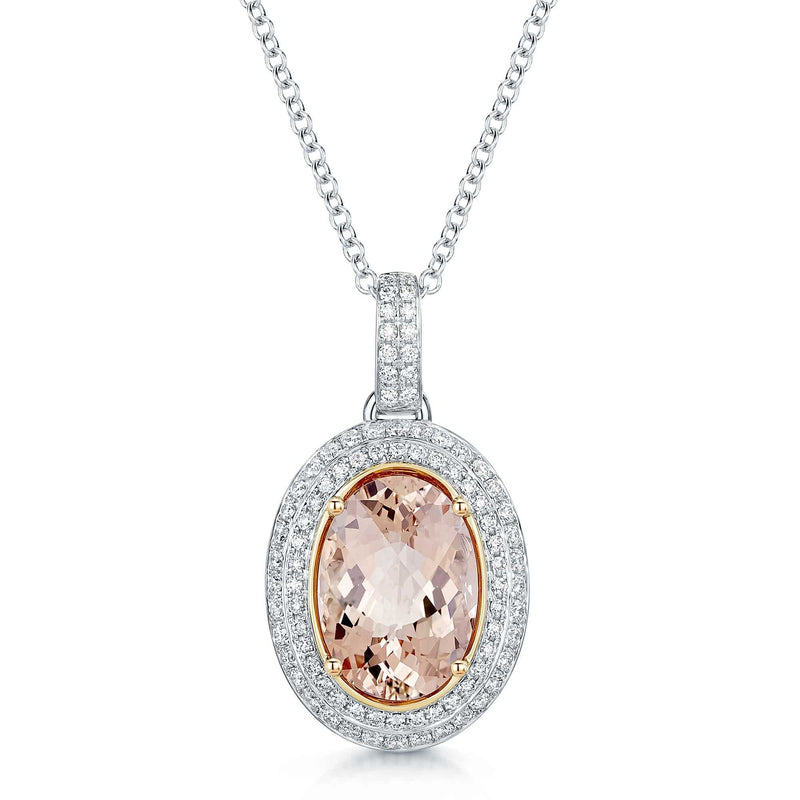 Berry's 18ct White Gold Oval Morganite & Diamond Double Halo Pendant - Berry's Jewellers