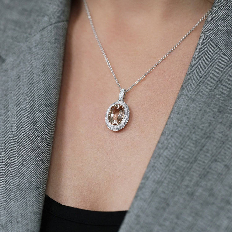 Berry's 18ct White Gold Oval Morganite & Diamond Double Halo Pendant - Berry's Jewellers