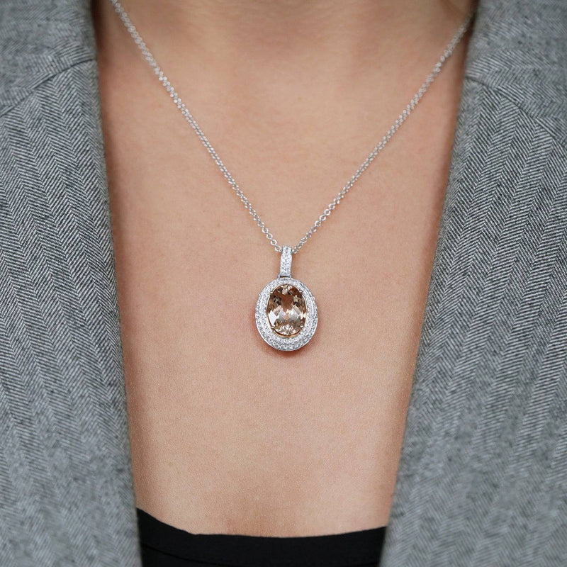 Berry's 18ct White Gold Oval Morganite & Diamond Double Halo Pendant - Berry's Jewellers