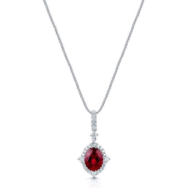 Berry's 18ct White Gold Oval Rubelite And Diamond Vintage Cluster Pendant - Berry's Jewellers