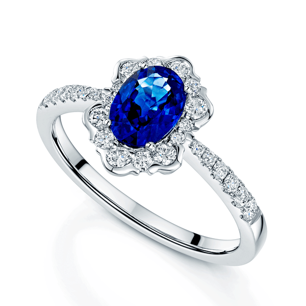 Berry's 18ct White Gold Oval Sapphire And Diamond Fancy Cluster Ring With Diamond Shoulders - Berry's Jewellers
