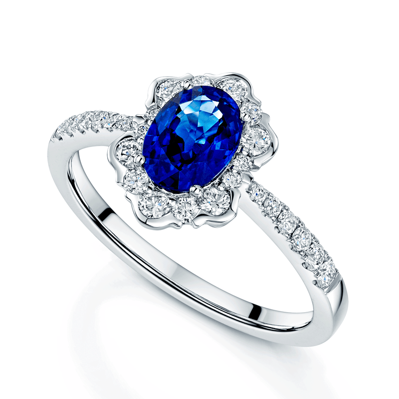Berry's 18ct White Gold Oval Sapphire And Diamond Fancy Cluster Ring With Diamond Shoulders - Berry's Jewellers