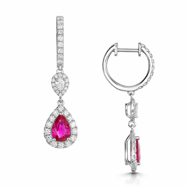Berry's 18ct White Gold Pear Cut Ruby And Diamond Halo Drop Earrings - Berry's Jewellers