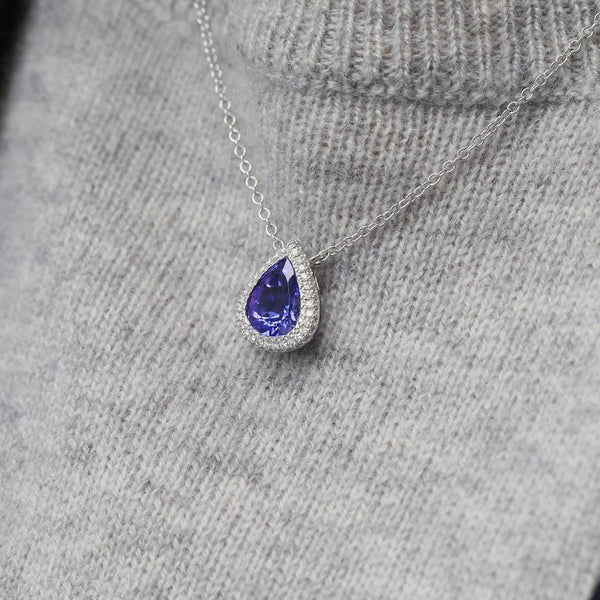 Berry's 18ct White Gold Pear Cut Tanzanite And Diamond Halo Pendant - Berry's Jewellers