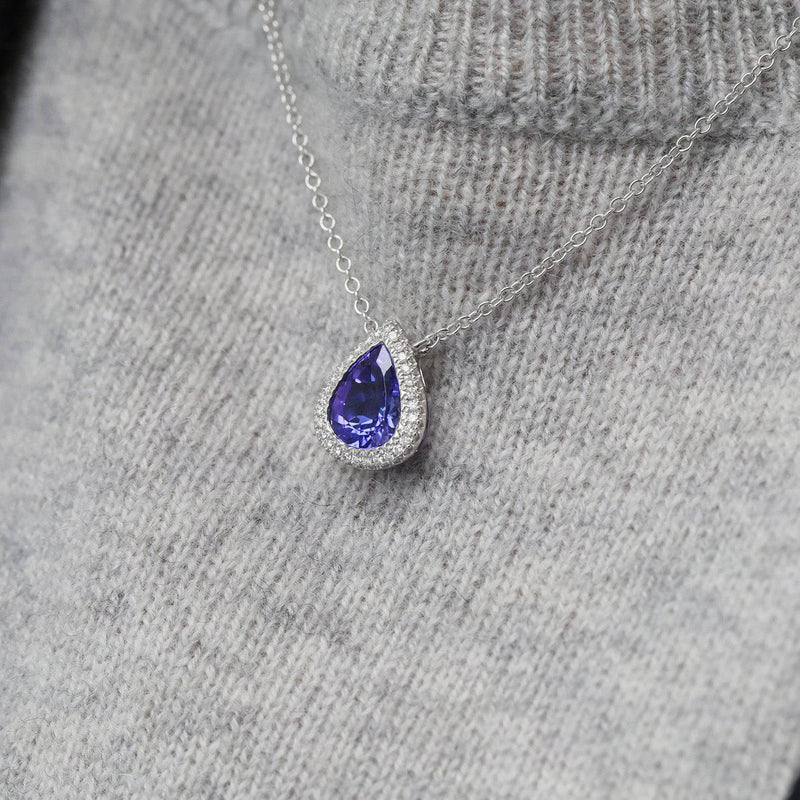 Berry's 18ct White Gold Pear Cut Tanzanite And Diamond Halo Pendant - Berry's Jewellers