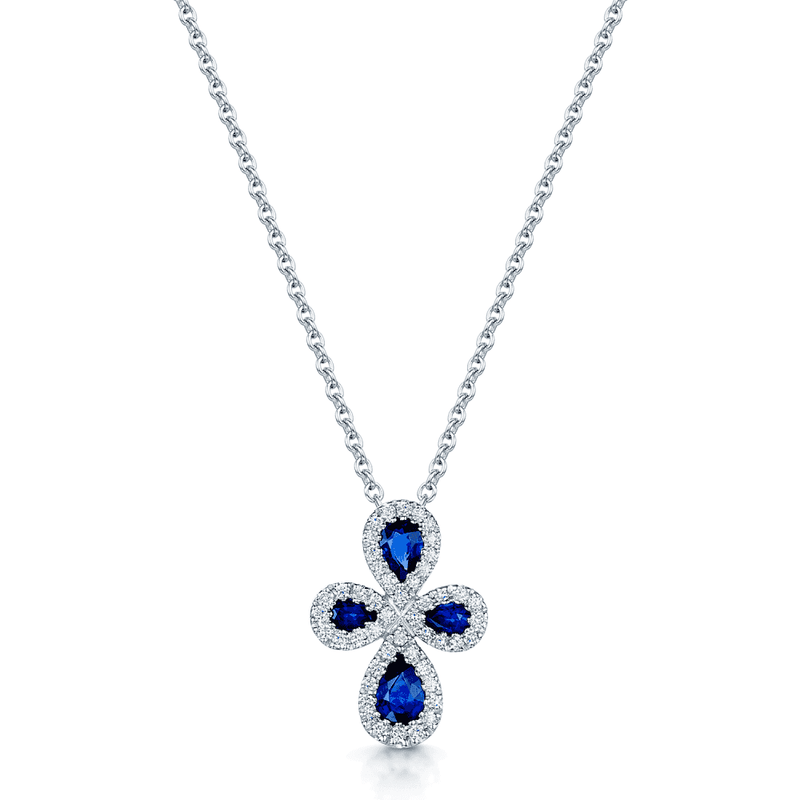 Berry's 18ct White Gold Pear Shape Blue Sapphire & Round Brilliant Cut Diamond Pendant - Berry's Jewellers