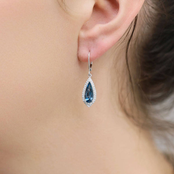 Berry's 18ct White Gold Pear Shaped London Blue Topaz Drop Earrings With Pave Diamond Surround - Berry's Jewellers