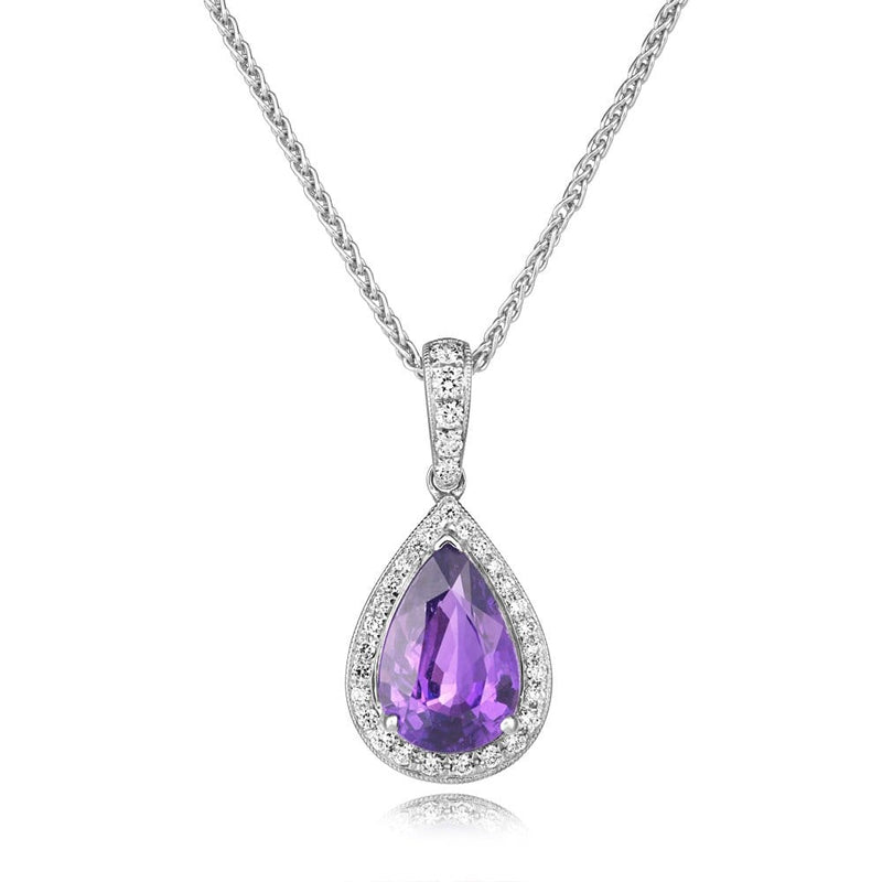 Berry's 18ct White Gold Pear Shaped Violet Sapphire & Diamond Pendant - Berry's Jewellers