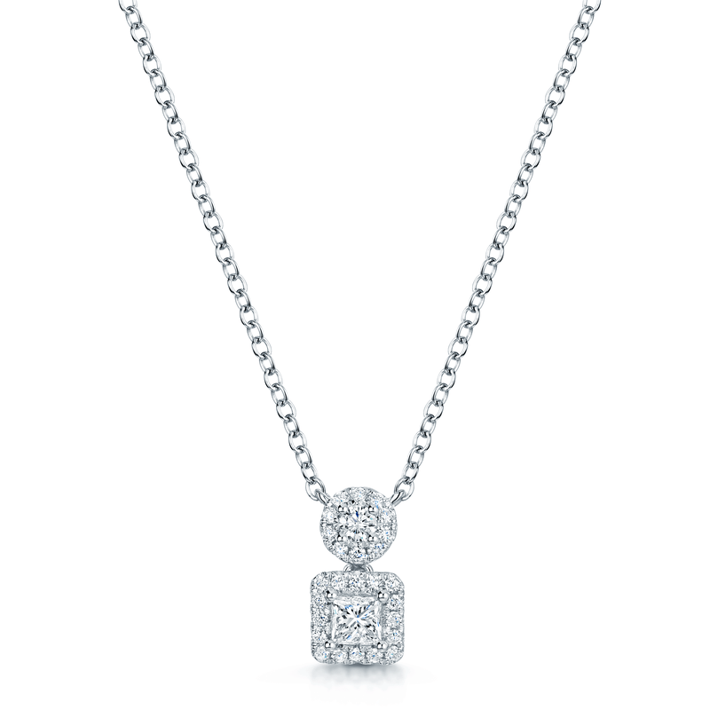 Berry's 18ct White Gold Princess And Round Brilliant Cut Double Halo Pendant - Berry's Jewellers