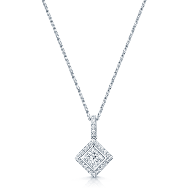 Berry's 18ct White Gold Princess Cut Diamond Rub Over Halo Cluster Pendant With A Diamond Bale - Berry's Jewellers