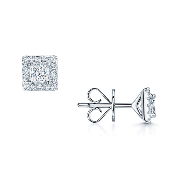 Berry's 18ct White Gold Princess Cut Solitaire Stud Earrings With Diamond Halo Surround - Berry's Jewellers