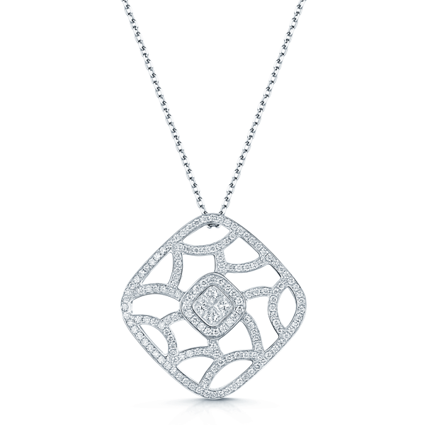 Berry's 18ct White Gold Princess & Round Brilliant Cut Diamond Pave Set Open Work Square Pendant - Berry's Jewellers