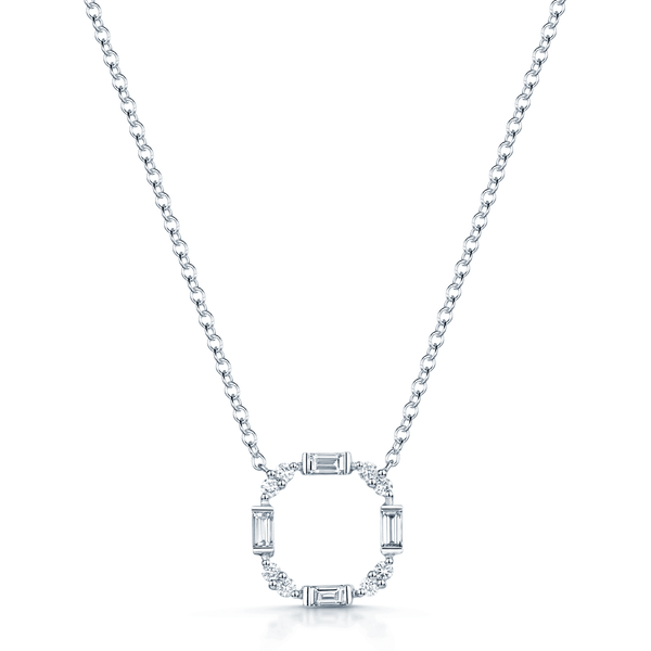 Berry's 18ct White Gold Round Brilliant And Baguette Cut Diamond Deco Open Circle Pendant - Berry's Jewellers