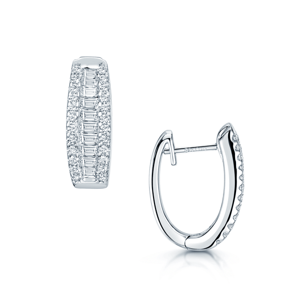 Berry's 18ct White Gold Round Brilliant And Baguette Diamond Small Hoop Earrings - Berry's Jewellers