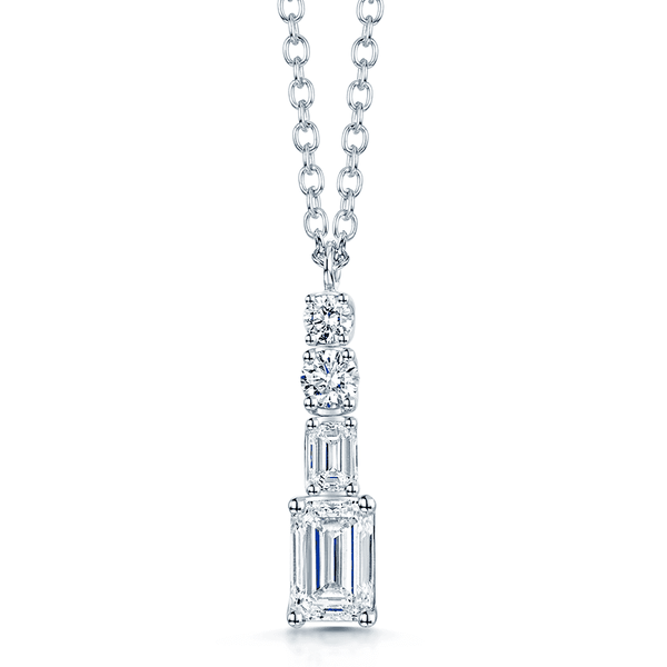 Berry's 18ct White Gold Round Brilliant and Emerald Cut Diamond Four Stone Pendant - Berry's Jewellers