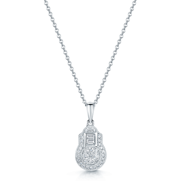 Berry's 18ct White Gold Round Brilliant Cut And Baguette Cut Diamond Cluster Pendant - Berry's Jewellers
